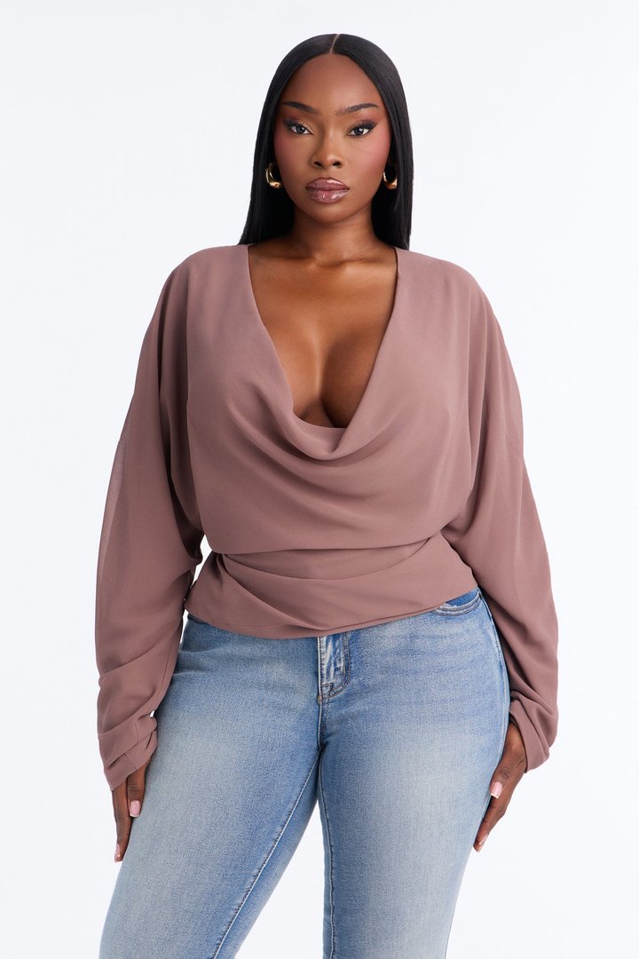 Dani Solid Chiffon Cowl Neck Long Sleeve Top - Mocha