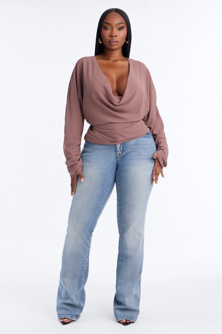 Dani Solid Chiffon Cowl Neck Long Sleeve Top - Mocha