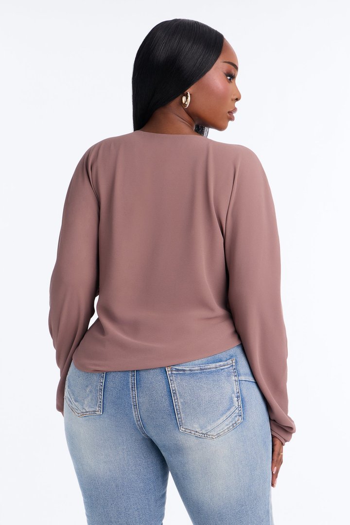Dani Solid Chiffon Cowl Neck Long Sleeve Top - Mocha