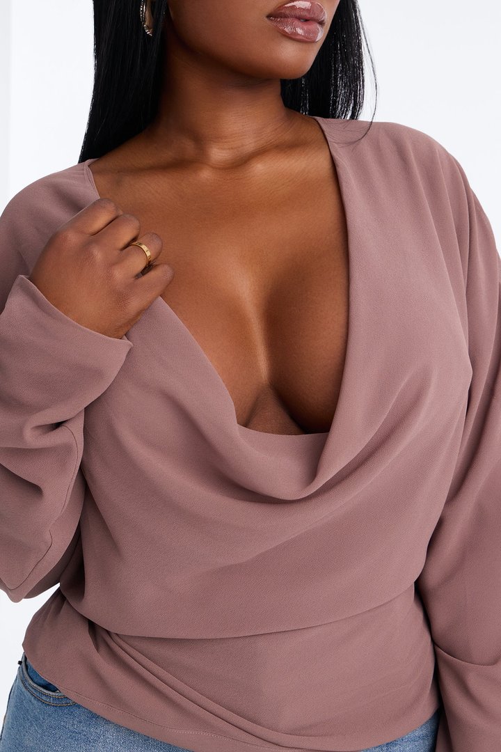 Dani Solid Chiffon Cowl Neck Long Sleeve Top - Mocha