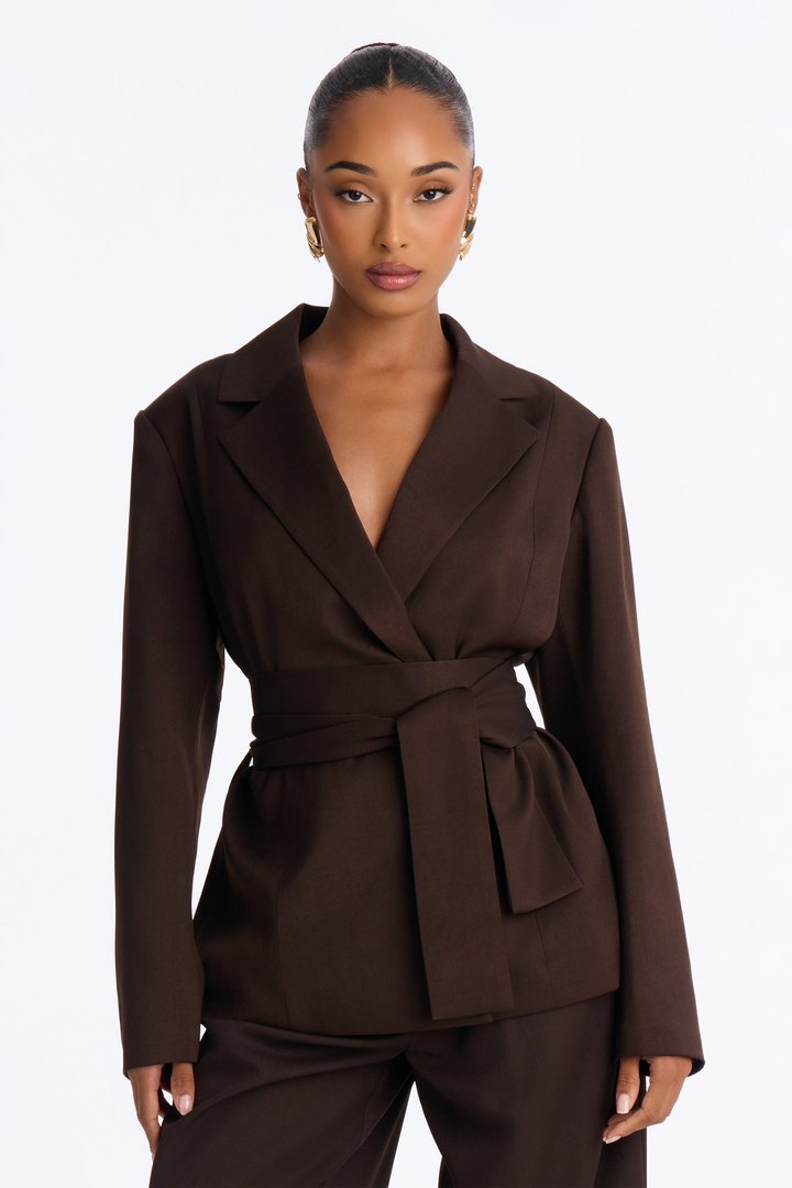 Jet Days Tie Waist Belted Blazer - Chocolate