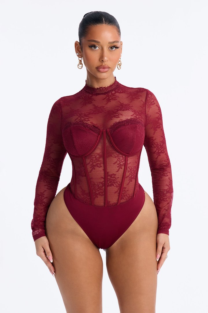 Romance Hour Lace Long Sleeve Bodysuit - Burgundy