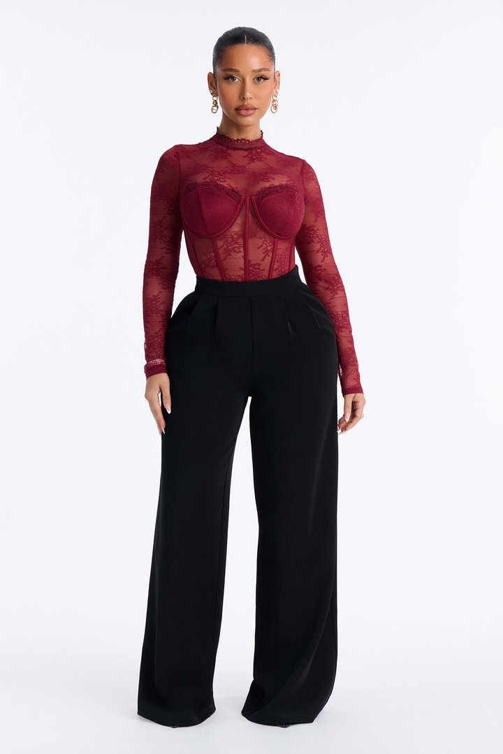 Romance Hour Lace Long Sleeve Bodysuit - Burgundy