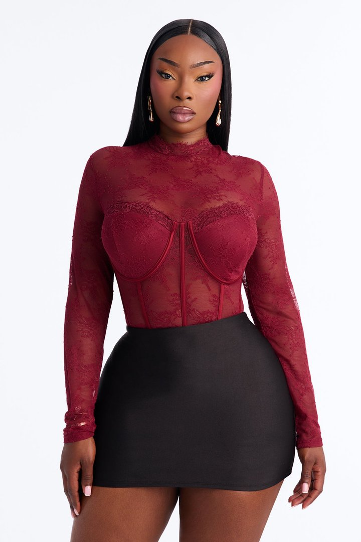 Romance Hour Lace Long Sleeve Bodysuit - Burgundy