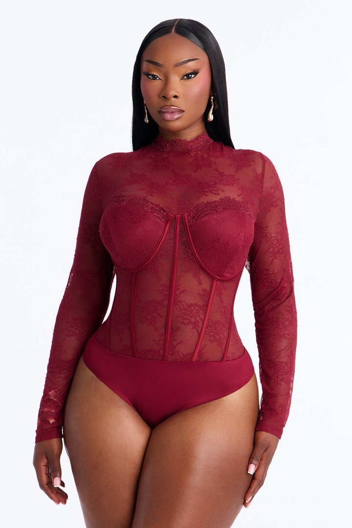 Romance Hour Lace Long Sleeve Bodysuit - Burgundy