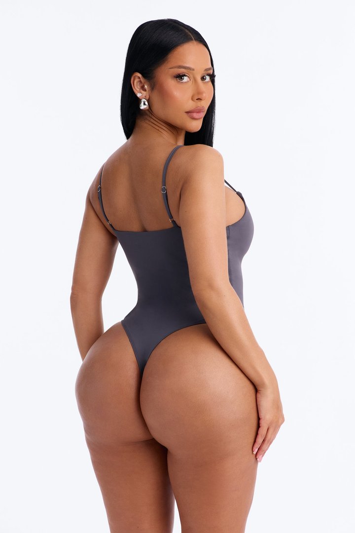 Second Skin Double Lined Square Neck Cami Bodysuit - Charcoal