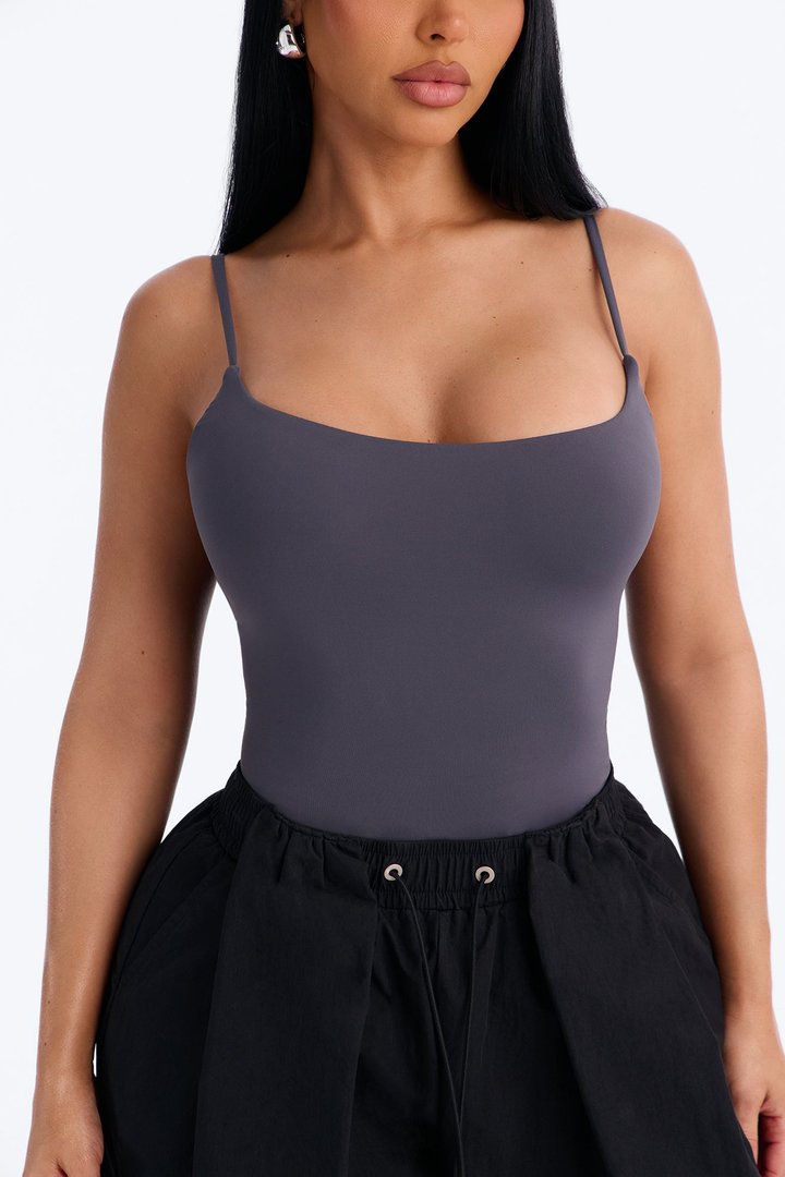 Second Skin Double Lined Square Neck Cami Bodysuit - Charcoal