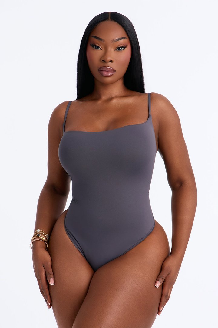Second Skin Double Lined Square Neck Cami Bodysuit - Charcoal