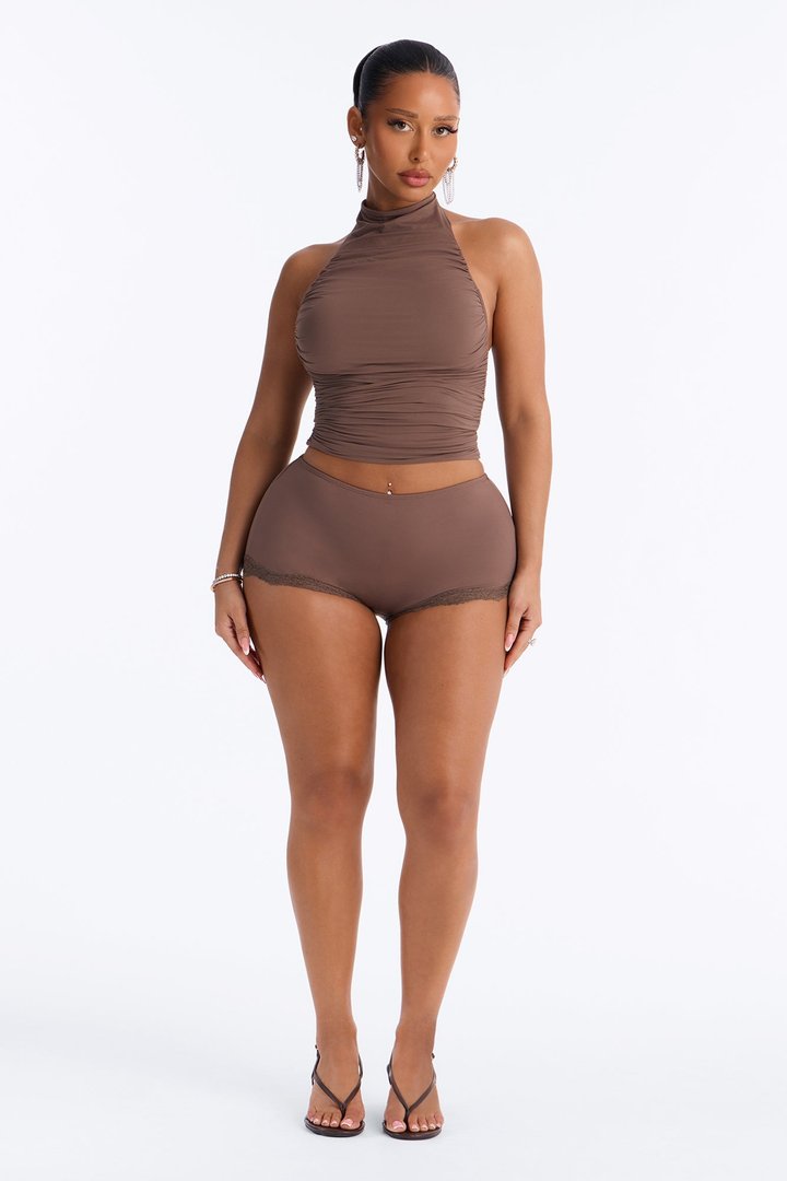 Second Skin Double Lined Lace Trim Micro Shorts - Brown