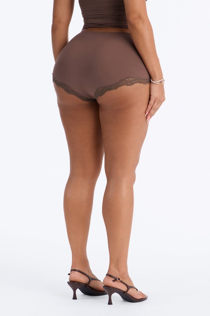 Second Skin Double Lined Lace Trim Micro Shorts - Brown