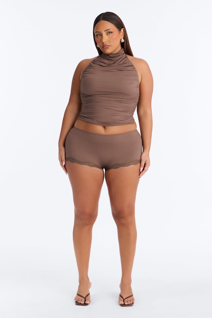 Second Skin Double Lined Lace Trim Micro Shorts - Brown