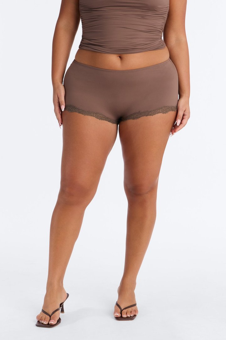 Second Skin Double Lined Lace Trim Micro Shorts - Brown