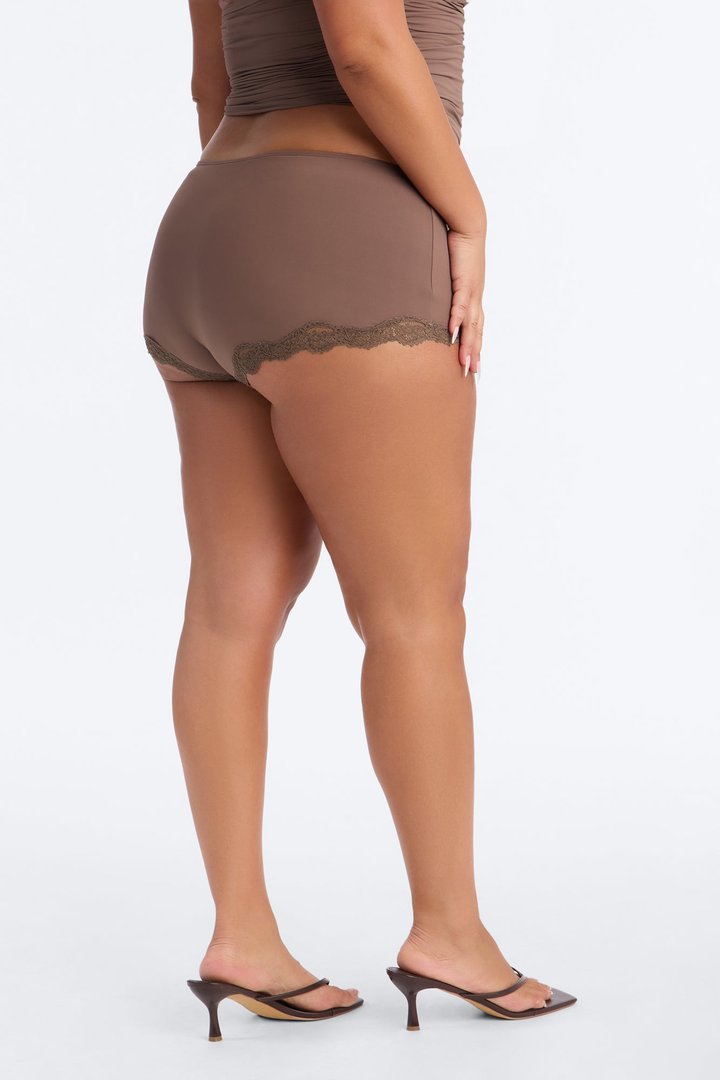 Second Skin Double Lined Lace Trim Micro Shorts - Brown