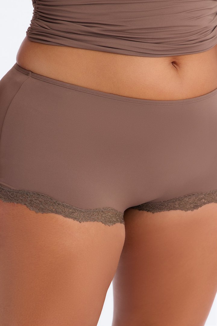 Second Skin Double Lined Lace Trim Micro Shorts - Brown