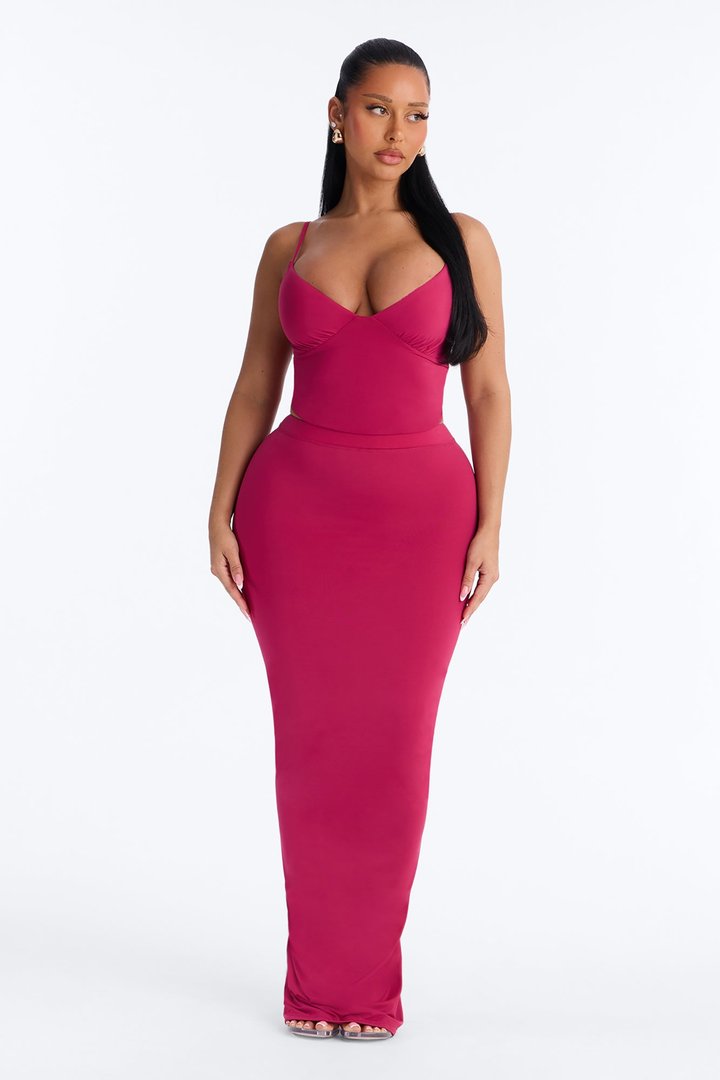 Second Skin Double Lined Ruched Back Slit Maxi Skirt - Raspberry