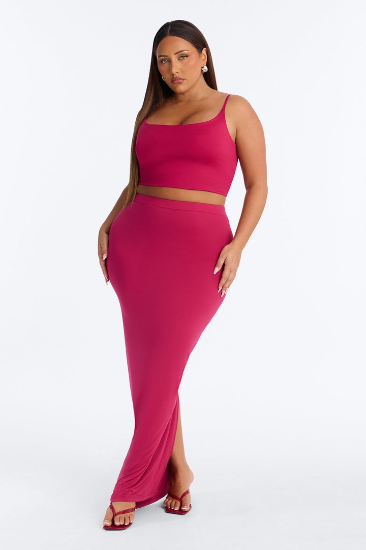 Second Skin Double Lined Ruched Back Slit Maxi Skirt - Raspberry