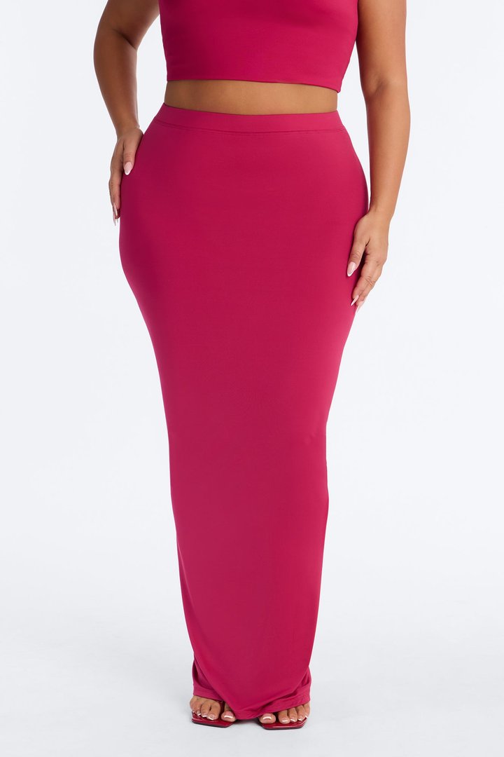 Second Skin Double Lined Ruched Back Slit Maxi Skirt - Raspberry