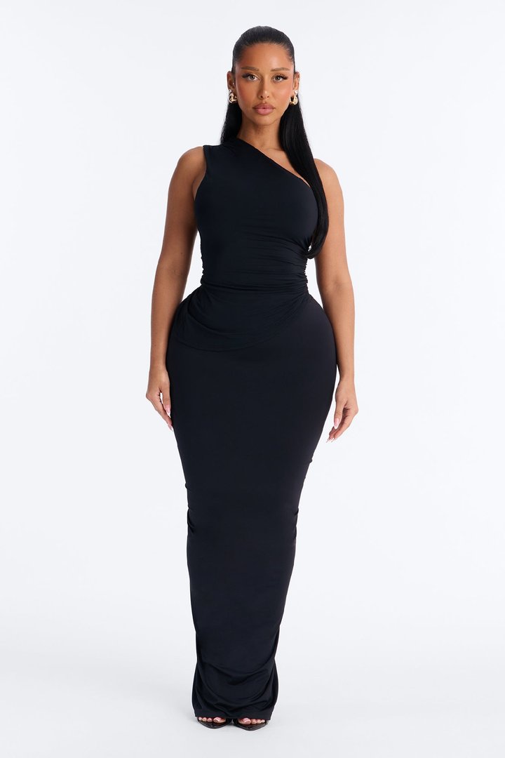 Second Skin Double Lined One Shoulder Ruched Top - Black