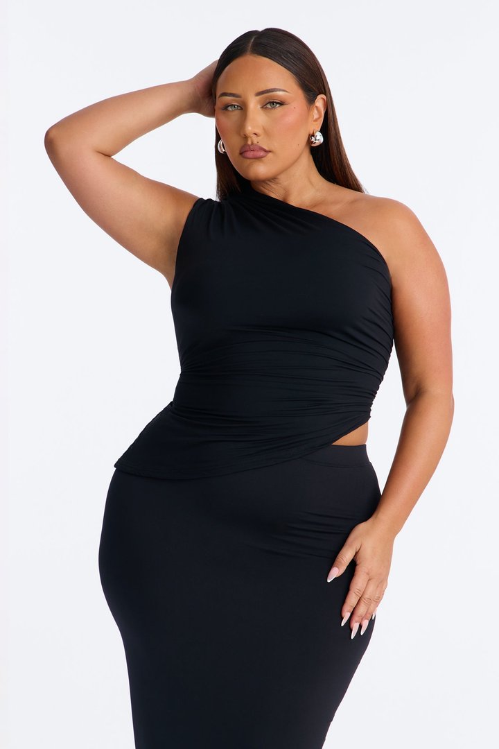 Second Skin Double Lined One Shoulder Ruched Top - Black