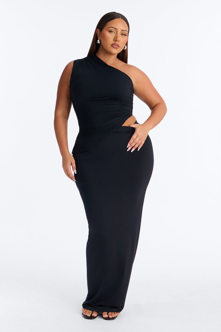 Second Skin Double Lined One Shoulder Ruched Top - Black