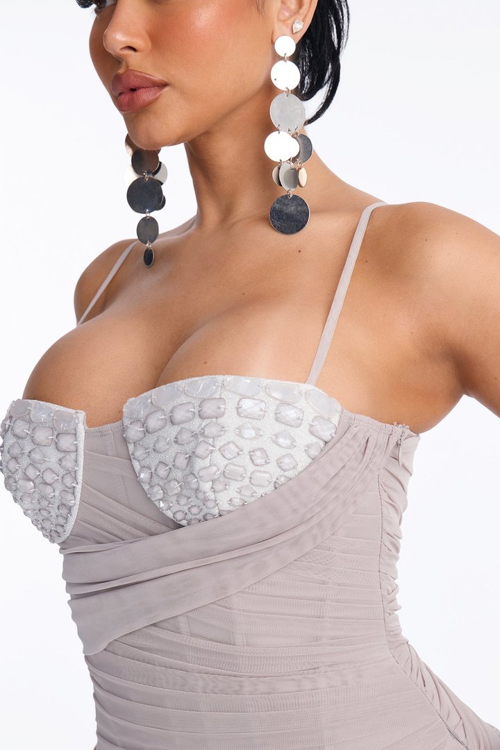 She's Unforgettable Embellished Mesh Mini Dress - Silver