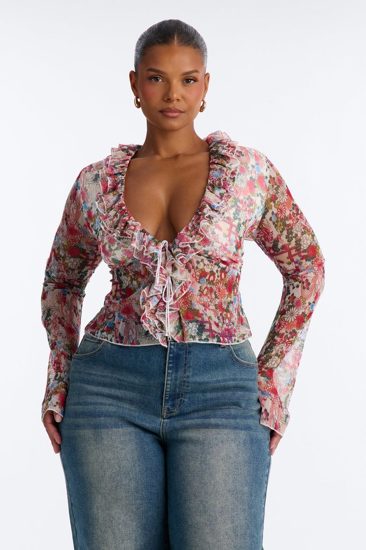 Alexa Ruffle Floral Mesh Long Sleeve Top - Multi Color