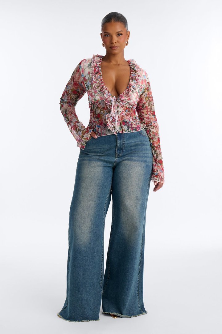 Alexa Ruffle Floral Mesh Long Sleeve Top - Multi Color
