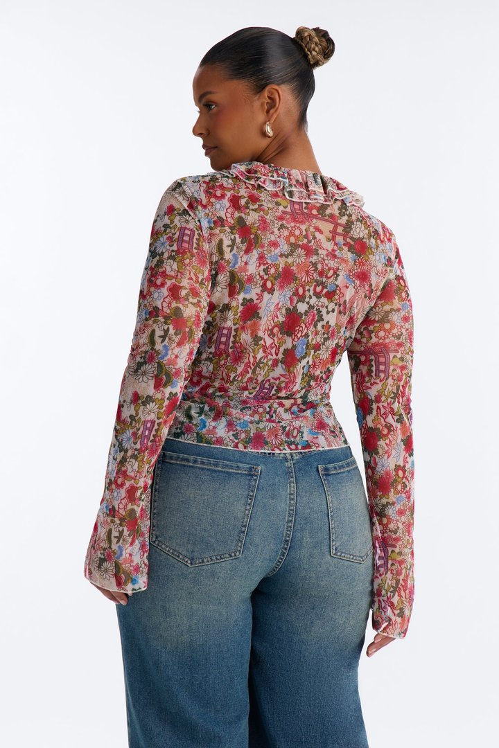 Alexa Ruffle Floral Mesh Long Sleeve Top - Multi Color