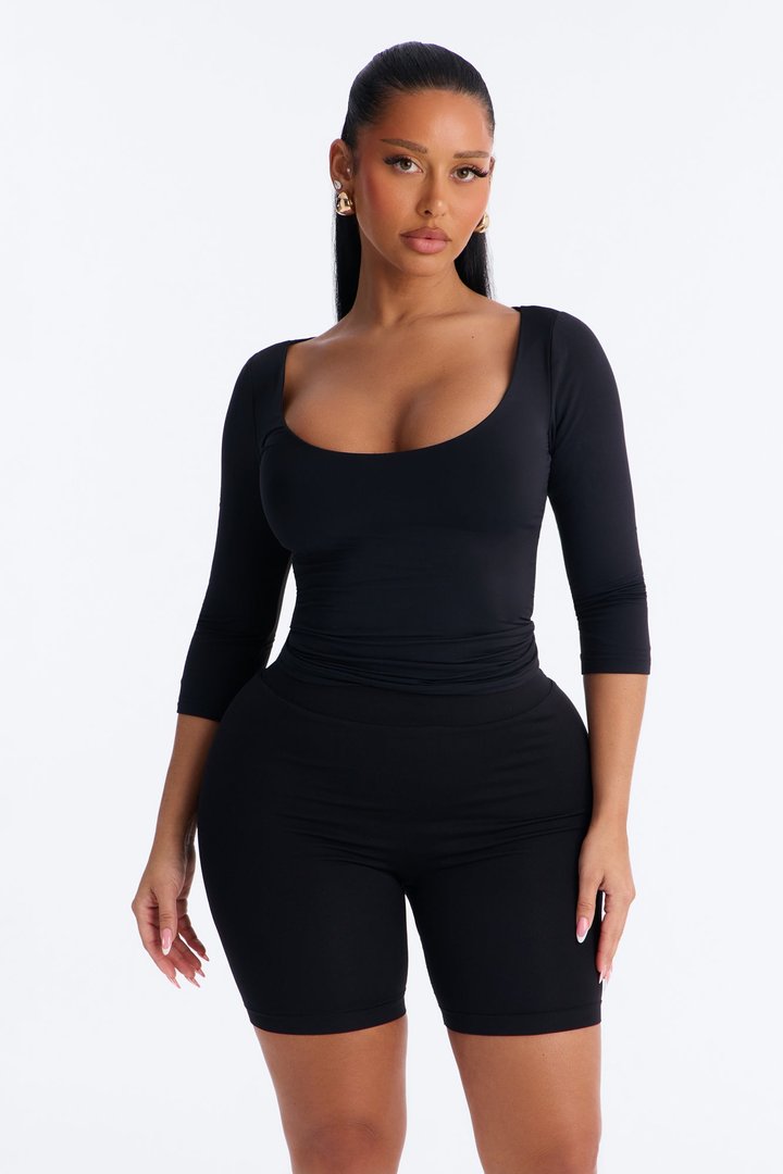 Second Skin Double Lined Scoop Neck Mid Sleeve Top - Black