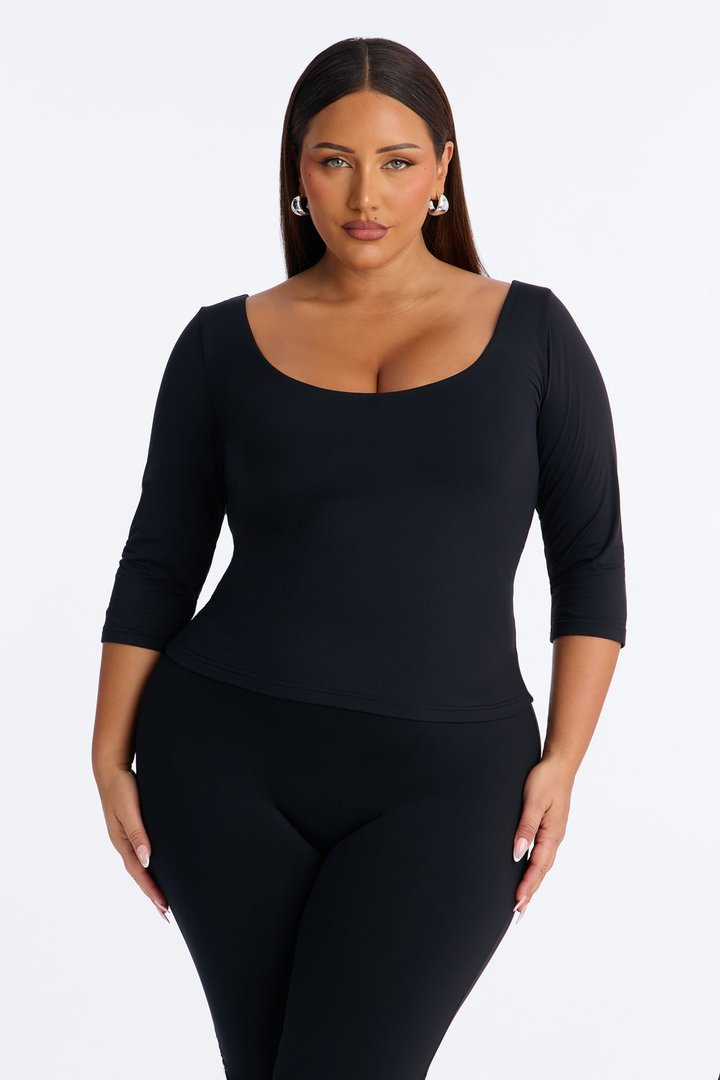 Second Skin Double Lined Scoop Neck Mid Sleeve Top - Black
