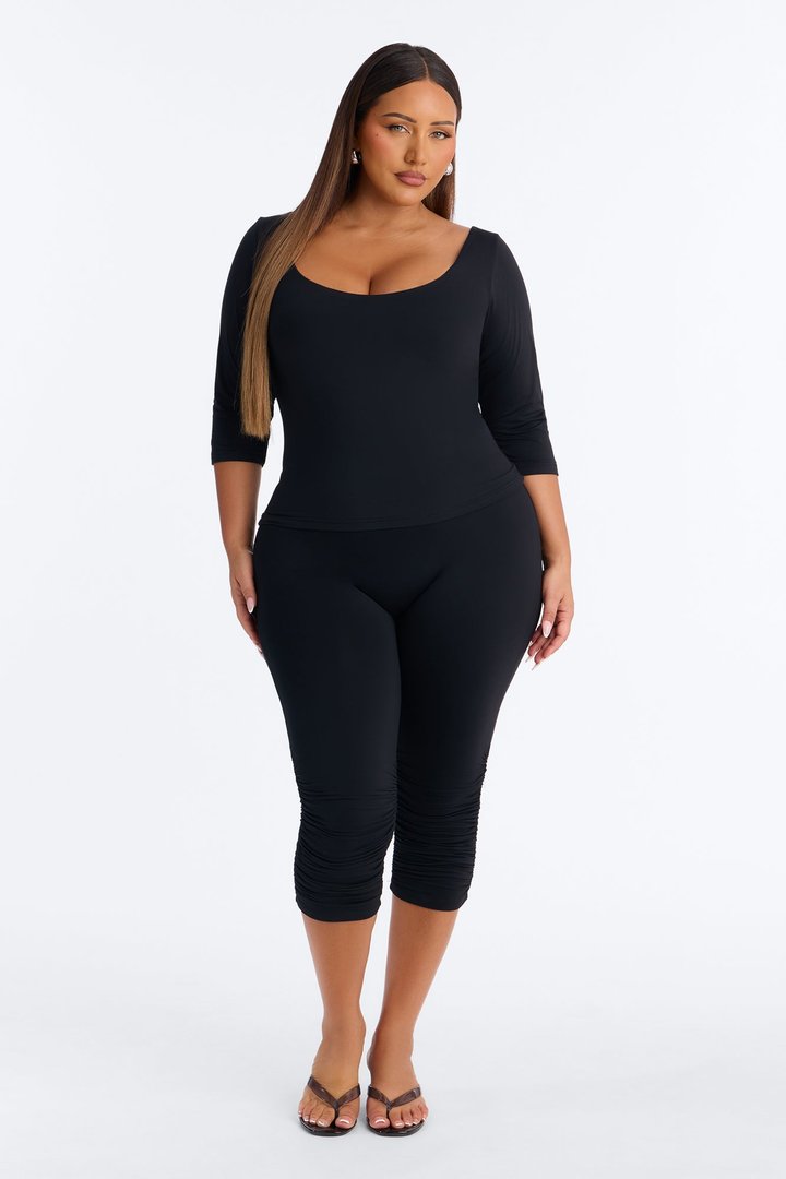 Second Skin Double Lined Scoop Neck Mid Sleeve Top - Black