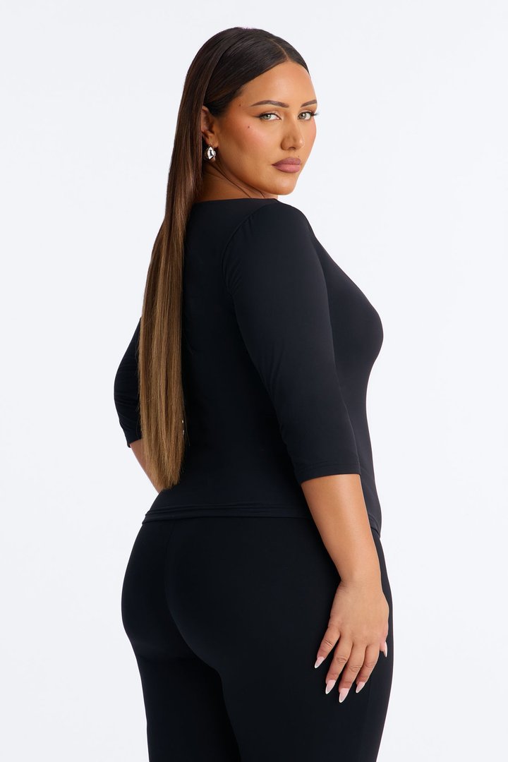 Second Skin Double Lined Scoop Neck Mid Sleeve Top - Black