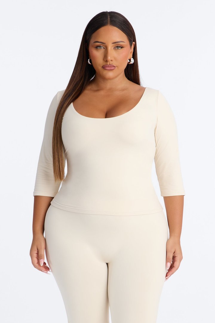 Second Skin Double Lined Scoop Neck Mid Sleeve Top - Bone