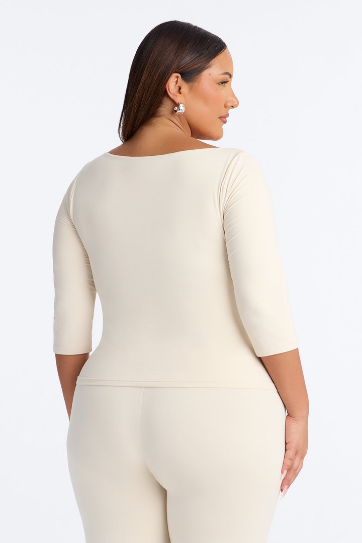 Second Skin Double Lined Scoop Neck Mid Sleeve Top - Bone