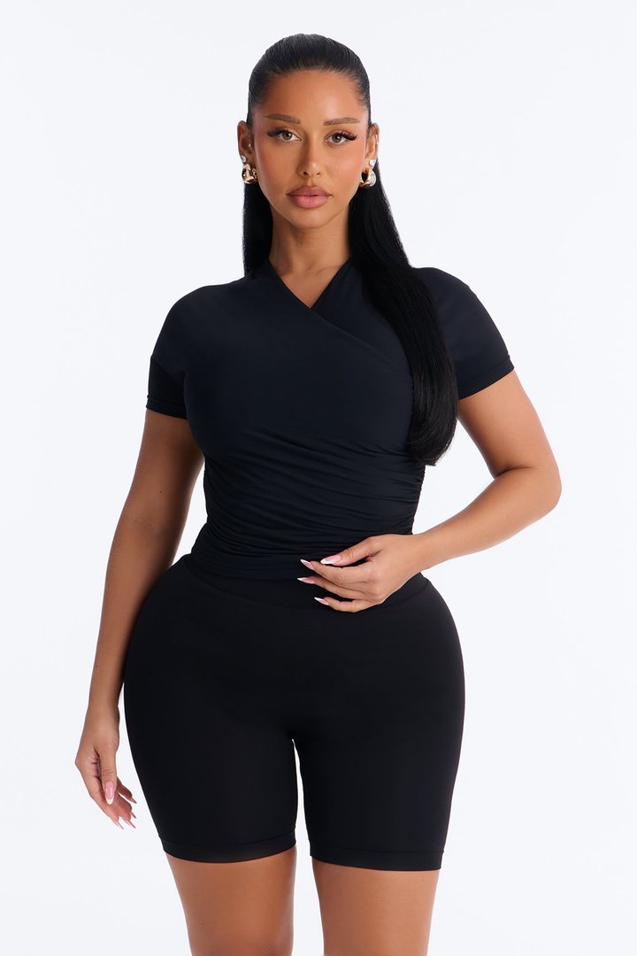 Second Skin Double Lined Cross Over Short Sleeve Top - Black