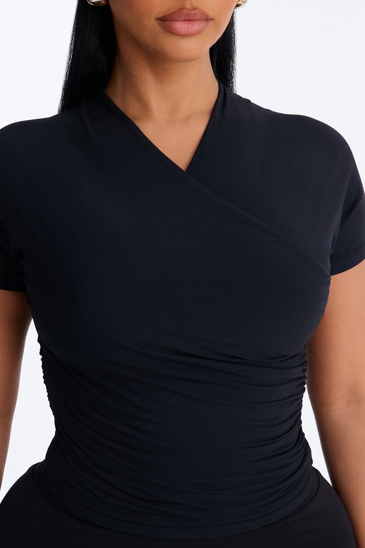 Second Skin Double Lined Cross Over Short Sleeve Top - Black