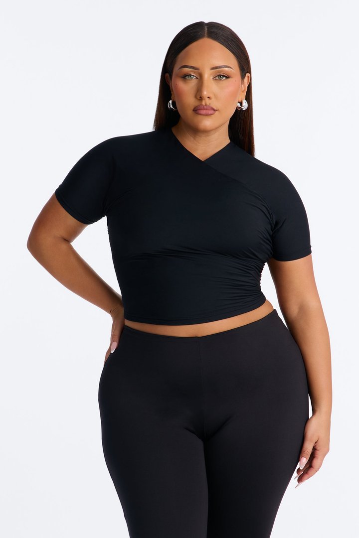 Second Skin Double Lined Cross Over Short Sleeve Top - Black