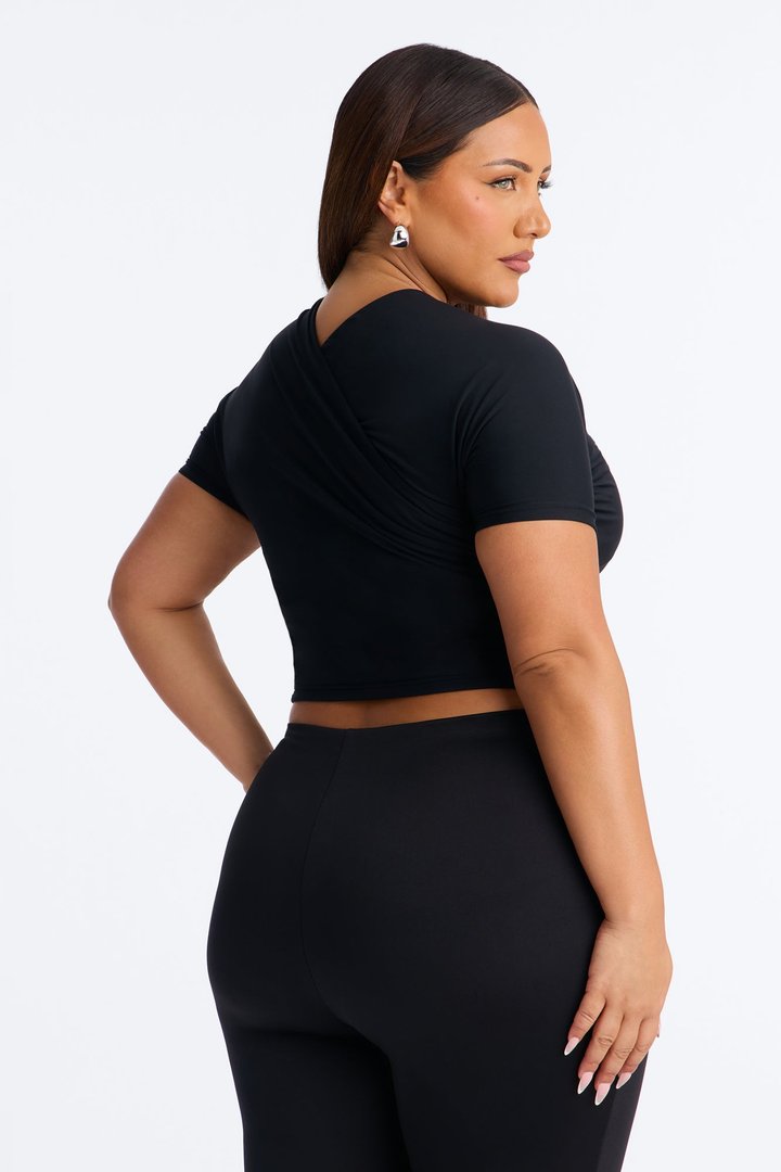Second Skin Double Lined Cross Over Short Sleeve Top - Black