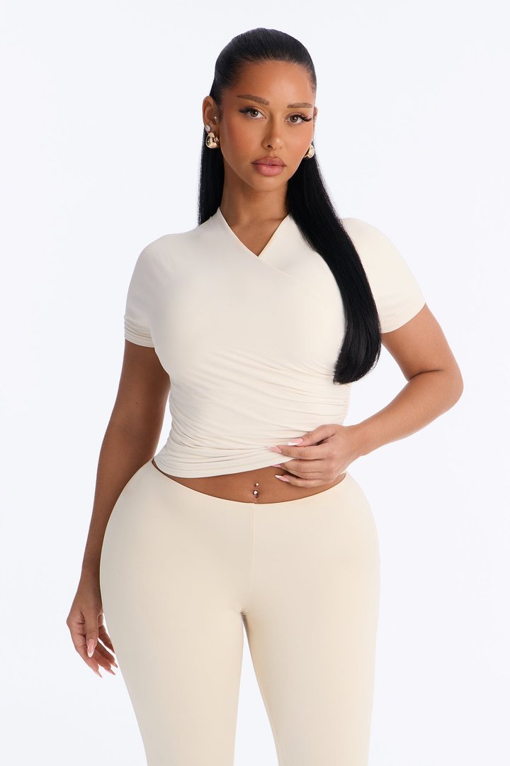 Second Skin Double Lined Cross Over Short Sleeve Top - Bone