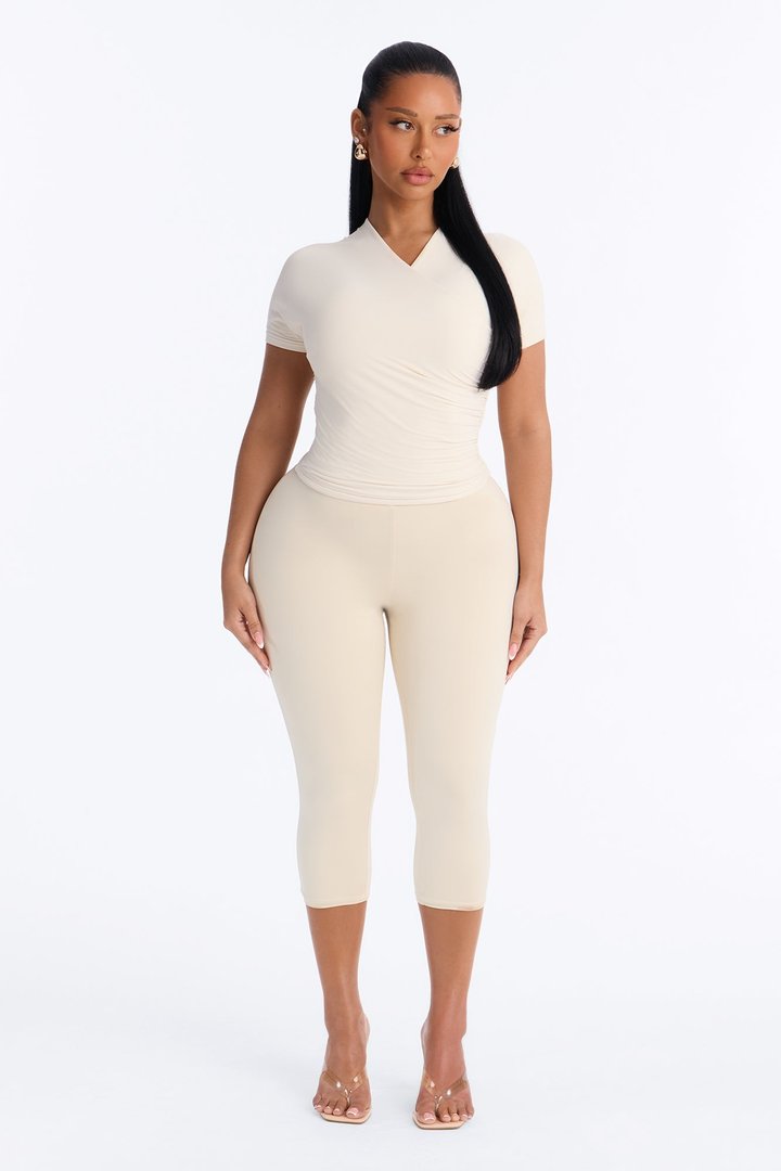 Second Skin Double Lined Cross Over Short Sleeve Top - Bone