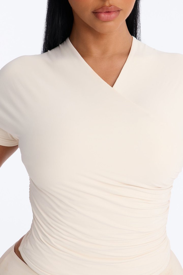 Second Skin Double Lined Cross Over Short Sleeve Top - Bone