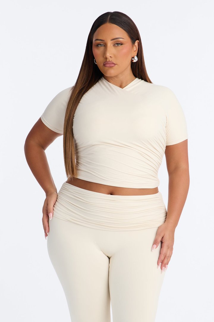 Second Skin Double Lined Cross Over Short Sleeve Top - Bone