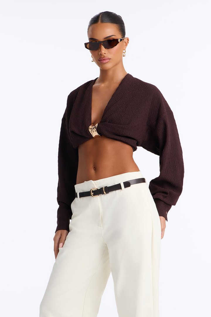 Amalfi Trip Hardware Long Sleeve Cropped Top - Chocolate