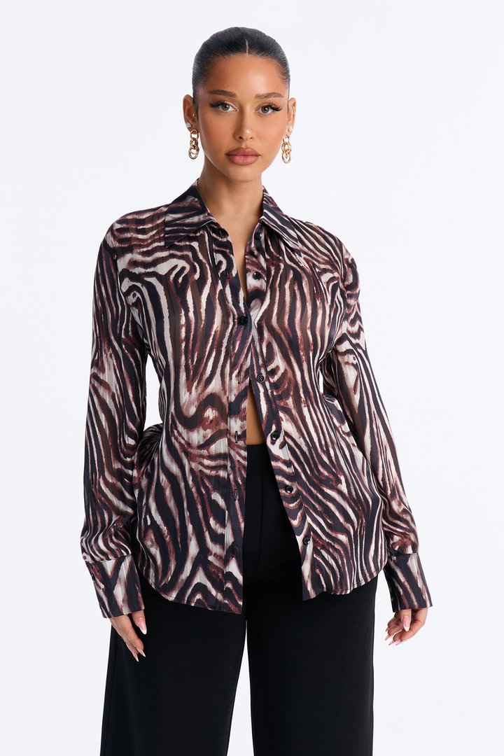 Late Calls Shimmer Chiffon Blouse - Brown/combo