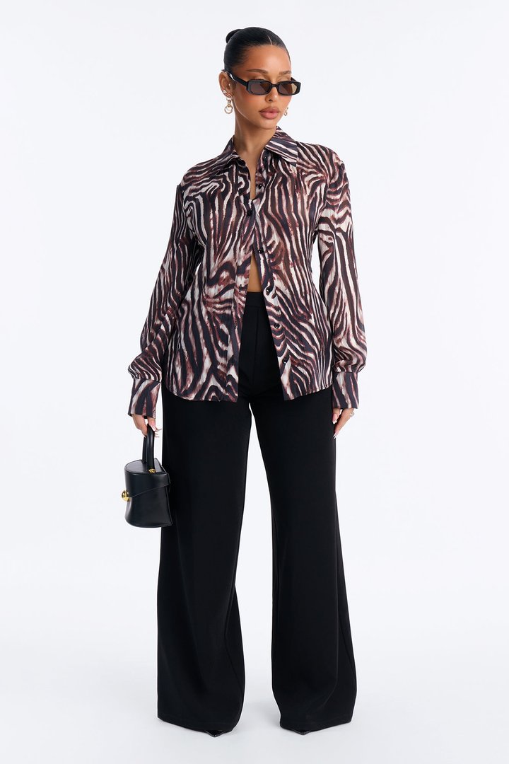 Late Calls Shimmer Chiffon Blouse - Brown/combo