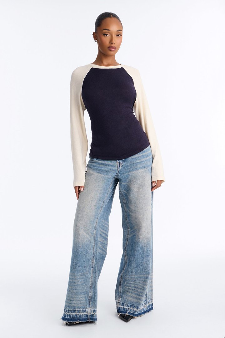 Still Got It Lace Up Raglan Baseball Sweater - Navy/combo