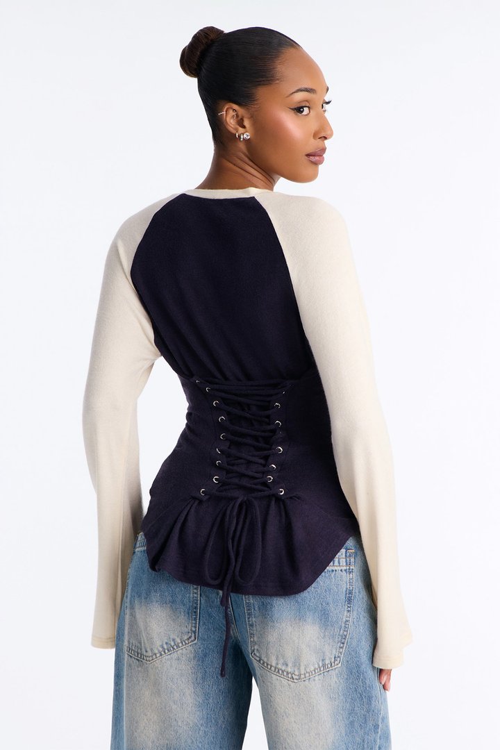 Still Got It Lace Up Raglan Baseball Sweater - Navy/combo