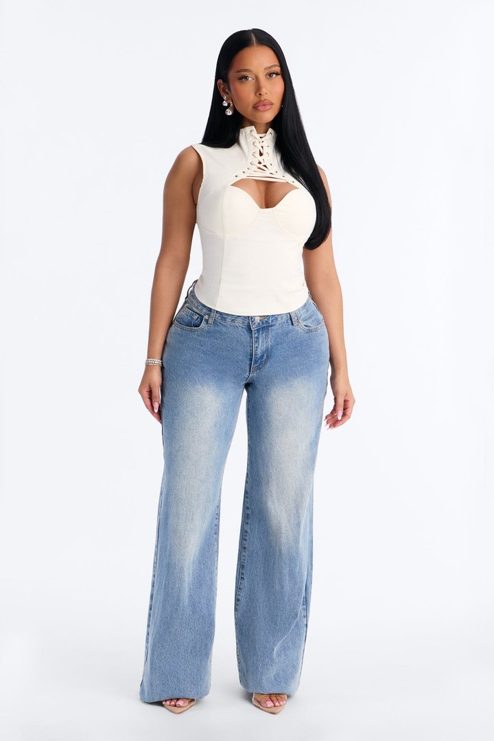 Cool Girl Mindset Lace Up Twill Top - Beige