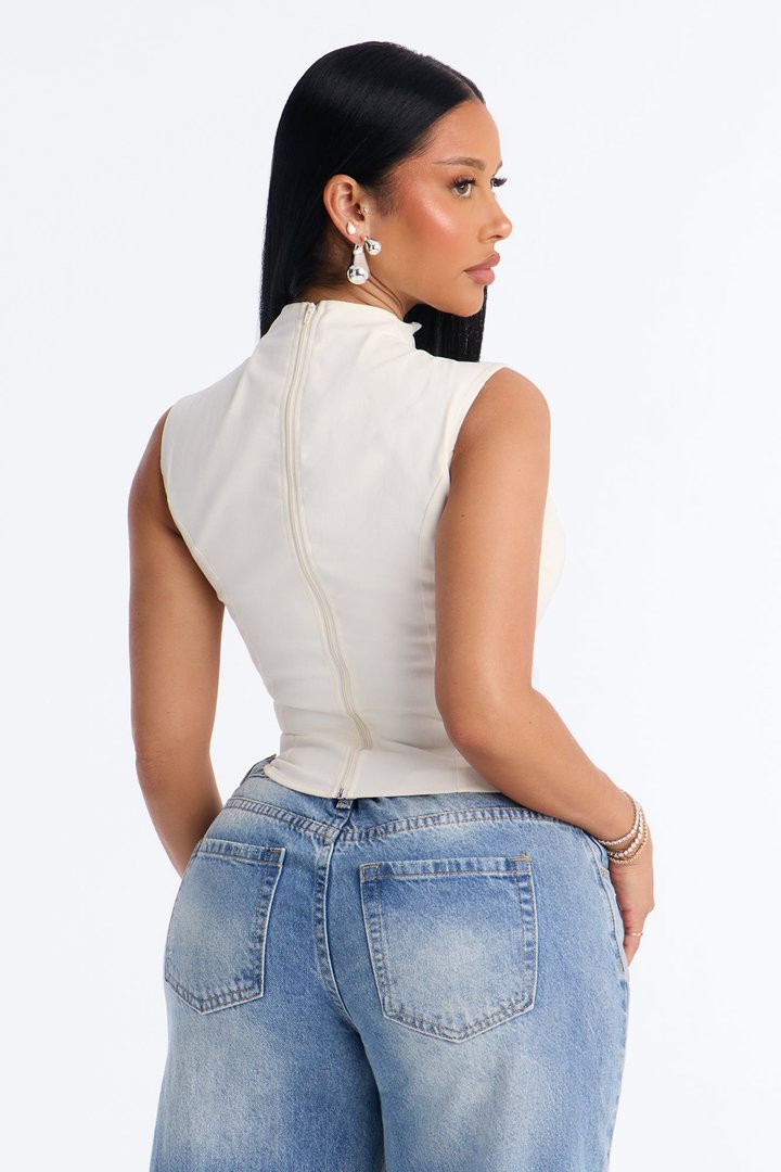 Cool Girl Mindset Lace Up Twill Top - Beige