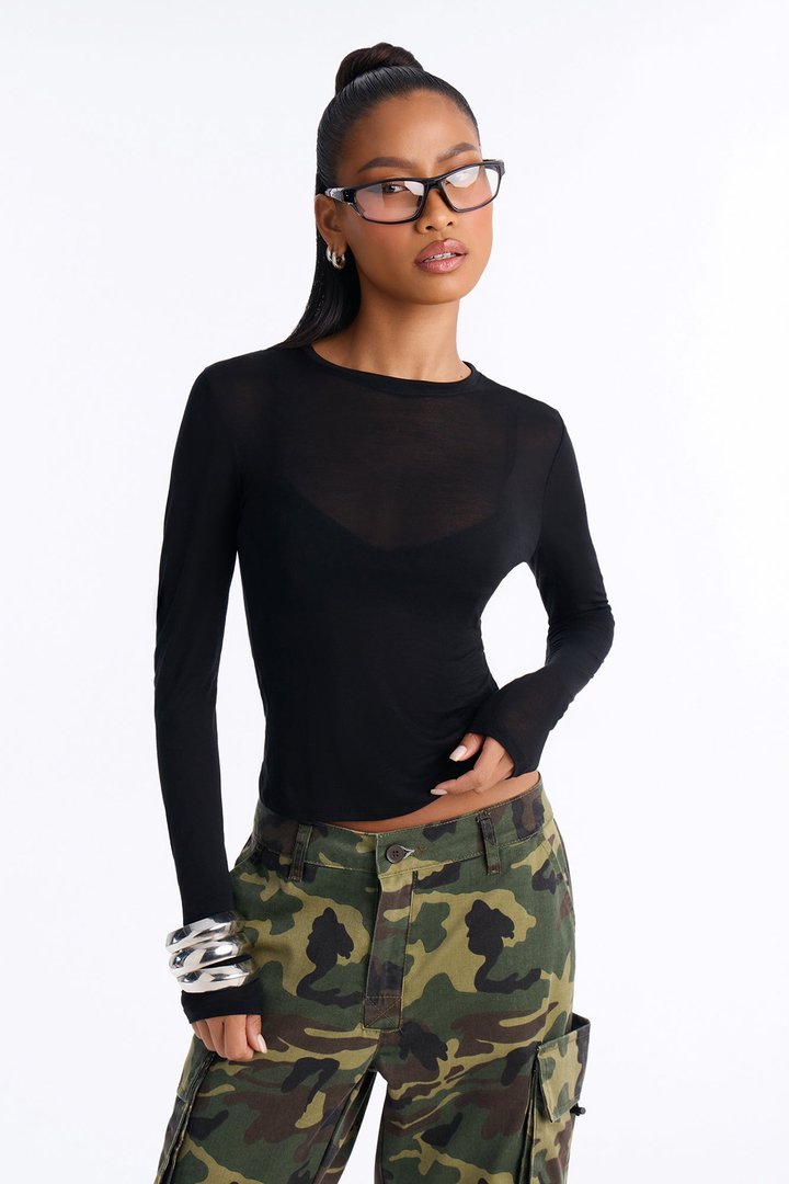 Sheer Touch Crew Neck Long Sleeve Top - Black